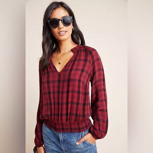 Anthropologie Cloth & Stone Sara Plaid Red Black Long Sleeve Smocked Sz XS